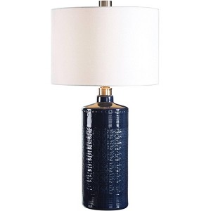 Uttermost Modern Table Lamp 31" Tall Royal Blue Glaze Ceramic White Linen Drum Shade for Living Room Bedroom House Bedside Office - 1 of 2