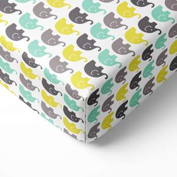 Bacati - Elephant Mint Yellow and Gray 100 percent Cotton Universal Baby Crib or Toddler Bed Fitted Sheet