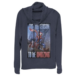 Juniors Womens Marvel Spider-Man 'Tis The Season To Be Amazing Cowl Neck Sweatshirt - 1 of 3