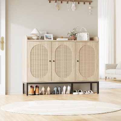 Rattan Shoe Cabinet with 3 Doors, Freestanding Shoe Organizer with Large Storage Space, 8-Tier Shoe Cabinet with Adjustable Shelves for Entryway