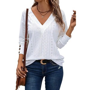 Women Blouse V-Neck Long Sleeve Button Hollow Lace Shirt - 1 of 4