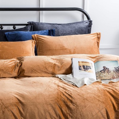 Acoinel Velvet Duvet Cover Set, Luxuriously Soft Zippered Flannel Comforter Cover in Camel, Solid Color Bedding — фото 5