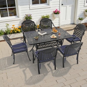 7-Piece Patio Dining Set: Cast Aluminum Furniture,Black with Comfy Blue Cushions & Umbrella Hole - Perfect for Garden Parties, BBQ - 1 of 4