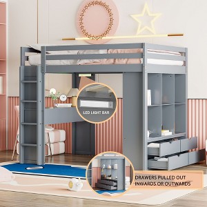 PAGED Simple Wooden Loft Bed Bunk Bed with Desk, Twin Size Bed Frame with Storage Shelves, Drawers, LED Light and Guardrail for Kids, Teens - 1 of 4