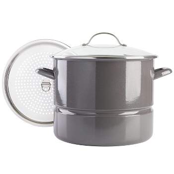 Kenmore 16 Quart Enamel On Steel Stock Pot With Steamer and Lid in Graphite Grey