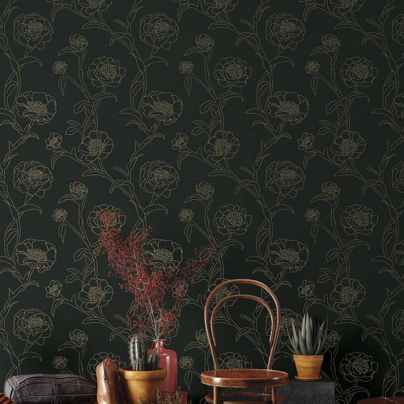 Tempaper &#38; Co. 56 sq ft Peonies Peel and Stick Wallpaper Black/Gold Floral, 4 of 8