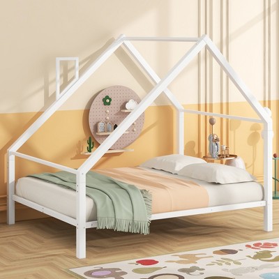 LOVMOR 77.55 Inch Twin Size Metal Floor Bed with House-shaped Headboard,No Box Spring Required,for Kids Teens Adults Bedroom,Easy Assembly，White