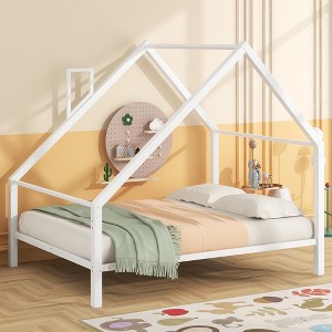 LOVMOR 77.55 Inch Twin Size Metal Floor Bed with House-shaped Headboard,No Box Spring Required,for Kids Teens Adults Bedroom,Easy Assembly，White - 1 of 4