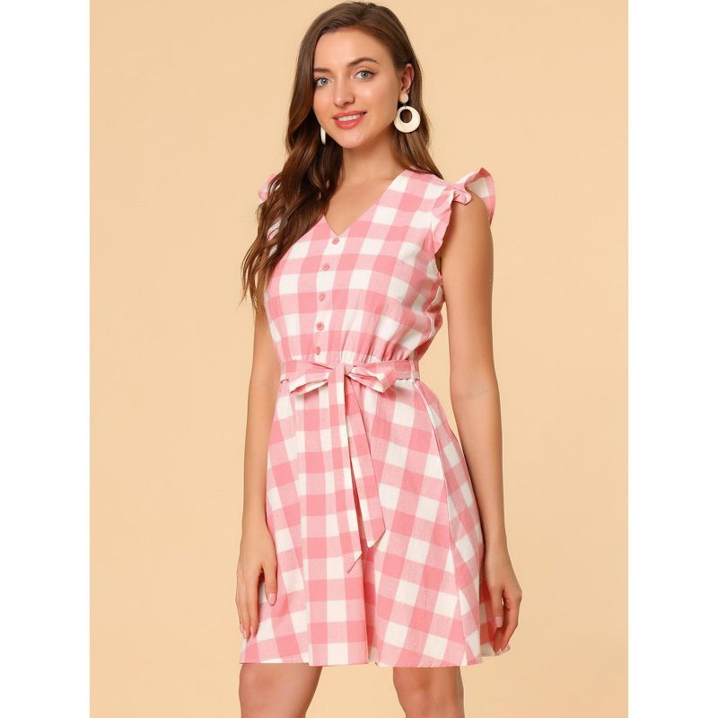 Allegra K Women's Casual Ruffled Sleeve A-Line Vintage Gingham Check Dress, 2 of 7