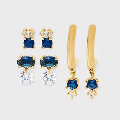 14K Gold Dipped Cubic Zirconia Stud and Hoop Earring Set 3pc