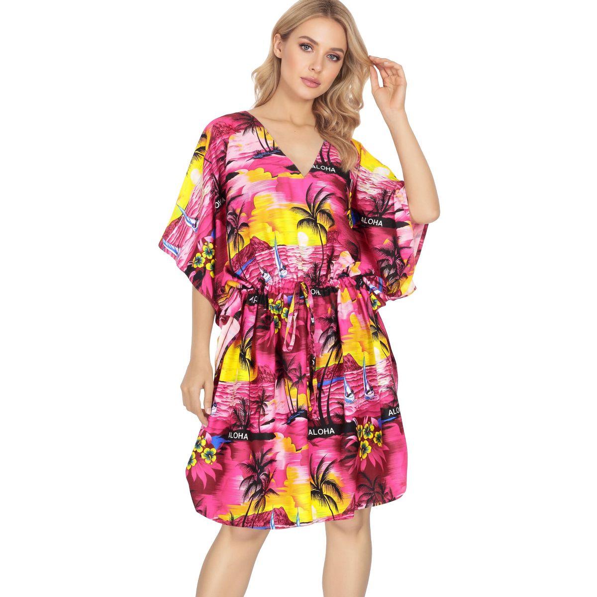 LA LEELA Summer Rayon Blend Resortwear Cover Up for Women Vacation Cruise Holiday Loungewear Maternity Friendly Beachwear 2X-3X Pink Palm Tree