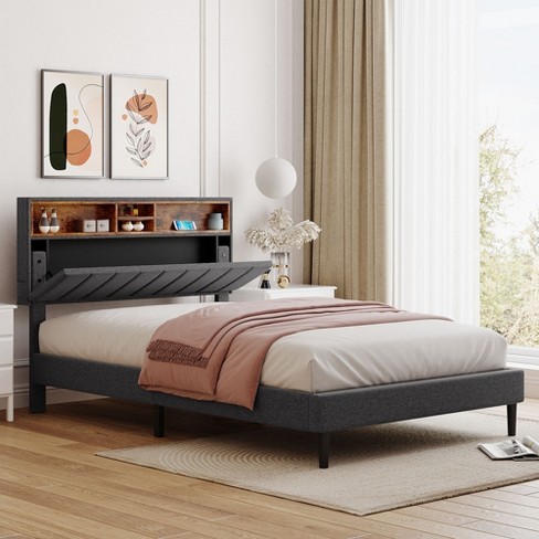 Full/queen Size Linen Fabric Upholstered Platform Bed With Storage  Headboard And Usb Port - Modernluxe : Target