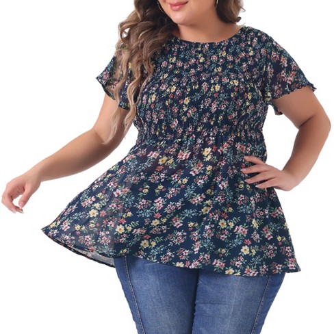 Agnes Orinda Women's Plus Size Chiffon Smock Waist Ditsy Floral Peplum ...