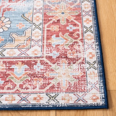 Blue and Rust Round Synthetic Washable Area Rug