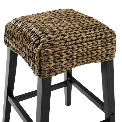 Seagrass Woven Seat Mahogany Frame Backless Barstools, Set of 2