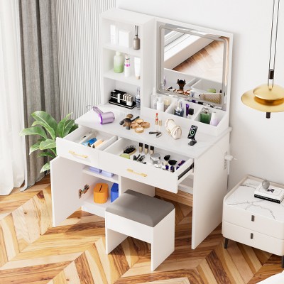 Akoasm 51.1 in. H Dressing Table with Large Storage Space and Cushioned Stool for Bedroom & Studio-White