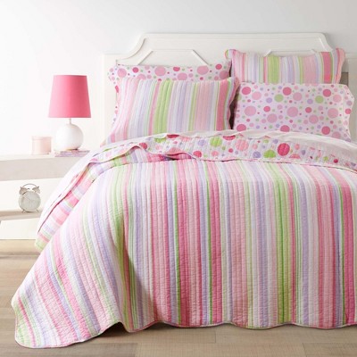 Pink and Green Striped Cotton Twin Quilt Set