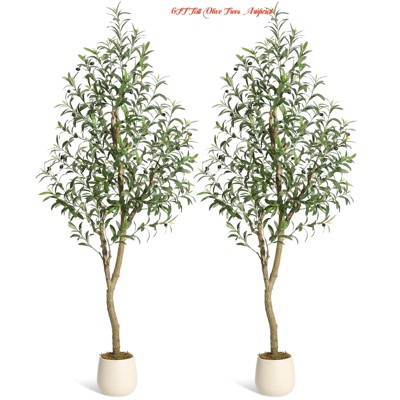 Home Office 5ft/6ft/7ft Tall Faux Olive Tree, Olive Trees Artificial w/ White Planter, Realistic Potted Silk Artificial Olive Tree w/Green Leaves