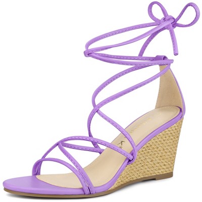 Allegra K Women's Open Toe Lace Up Strappy Bow Back Low Wedges Sandals