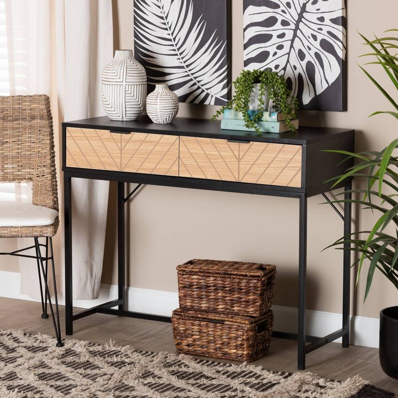Jacinth Two-Tone Wood and Metal 2 Drawer Console Table Black/Natural Brown - Baxton Studio, 5 of 12