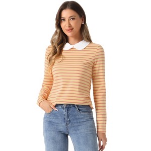 INSPIRE CHIC Women's Long Sleeves Contrast Peter Pan Collar Striped Blouse Top - 1 of 4