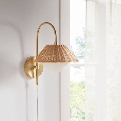 Gold Iron Wall Sconce with Rattan Shade and Frosted Globe