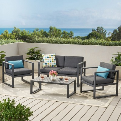 Coolbibila 4 Piece Modern Patio Furniture Set,Conversation Sets For Patio with Cushions,Aluminum Frame Slat Dining Table and Garden Arm Chair