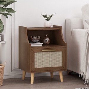 15"/19"W Nightstand End Table Side Table Storage Cabinet Bedside Table with Rattan Door, Walnut/Natural+White-Christopher Knight Home - 1 of 4