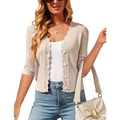Womens 3/4 Sleeve Cardigan Ribbed Knit Front Button Down Cardigan with Wavy Trim Womens Sweater Shrugs
