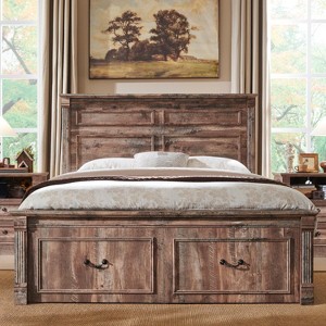 SinCiDo Farmhouse Wood Platform Bed Frame, 51" Headboard, 20" Roman Column Footboard, 2 Storage Drawers, Box Spring Not Needed - 1 of 4