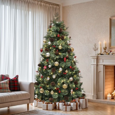 6ft/7.5ft Prelit Artificial Christmas Tree With 720/1200 Mixed Tips,Pine Needles,Pinecones,Red Berries