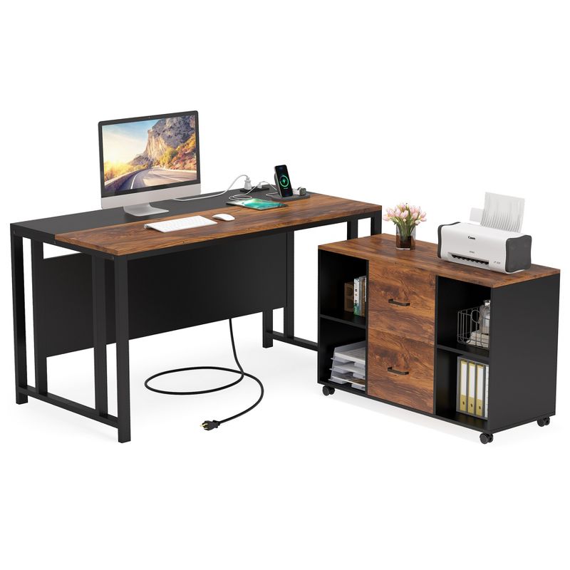 Tribesigns L-Shaped Computer Desk with File Cabinet, 55" Large Executive Table with Power Outlet, 1 of 8
