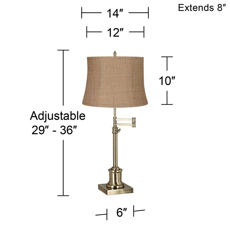 360 Lighting Traditional Swing Arm Desk Table Lamp Adjustable Height 36" Tall Antique Brass Natural Burlap Fabric Drum Shade Living Room, 3 of 4