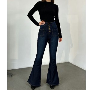 Women's High Waist Jeans Button Fly Pocket Stretch Denim Bell