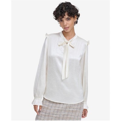 Calvin Klein Womens Textured Satin Tie Neck Ruffled Pullover Blouse, white, M