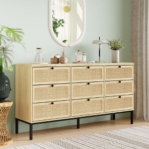 Brafabhome Rattan 9 Drawers Double Dresser Chest, Modern Wicker Chest with Sturdy Steel Legs for Bedroom Living Room Hallway | Beige - 1 of 4