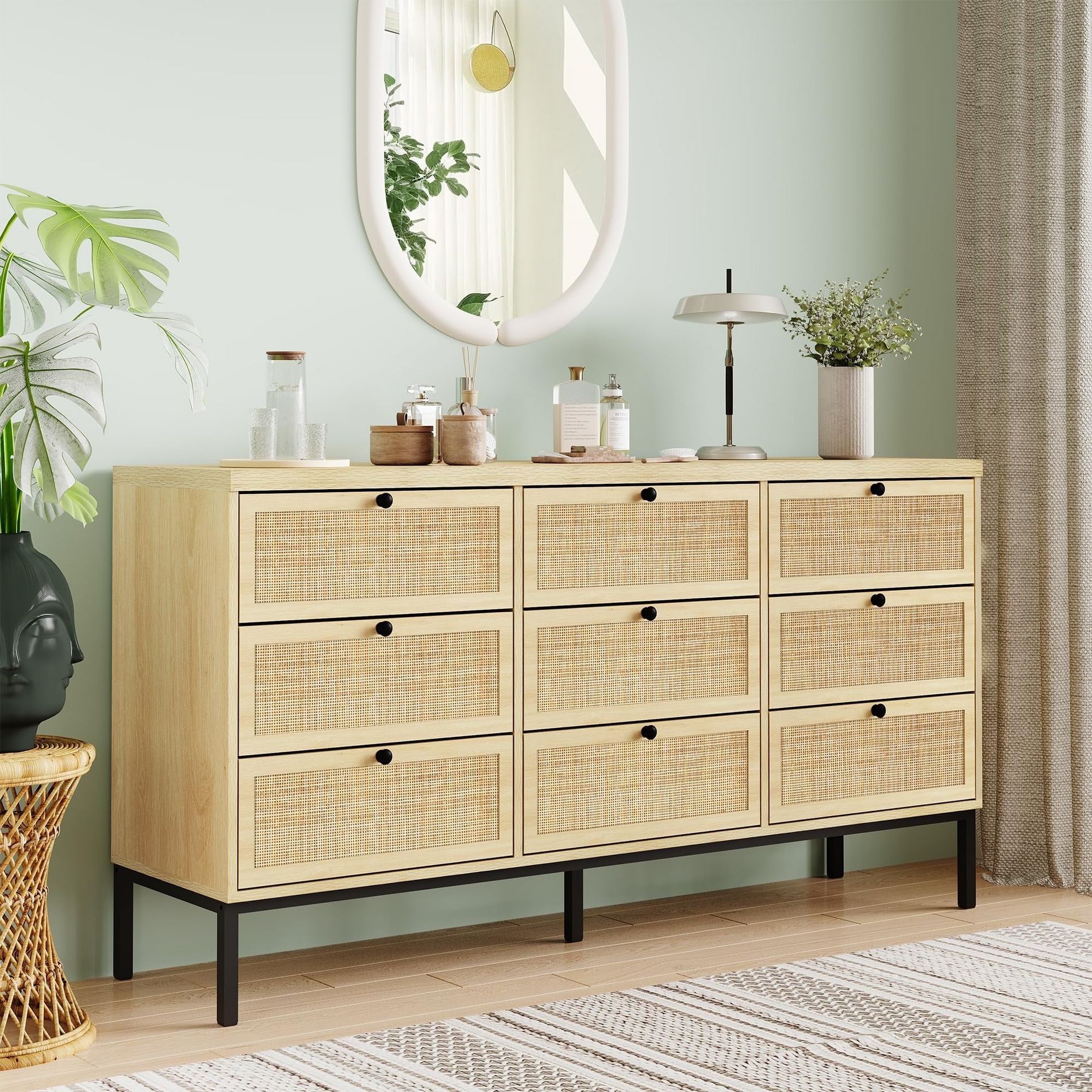 Brafabhome Rattan 9 Drawers Double Dresser Chest, Modern Wicker Chest with Sturdy Steel Legs for Bedroom Living Room Hallway | Beige