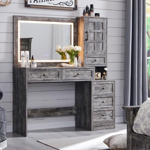 Mastgoal Farmhouse Vanity Desk with Touch Screen LED Mirror, 47" Big Make Up Table, 6 Drawers, Glass Top, Charging Station, Rustic Wood Dressing Table - 1 of 4