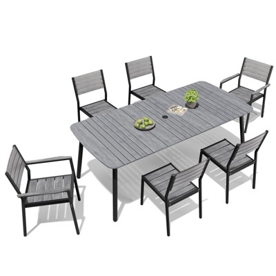 Crestlive Products 7pc Aluminum Patio Dinning Set 70.9in Table and 6 Chairs Plastic Wood Top with Umbrella Hole for Outdoor Pool Lawn