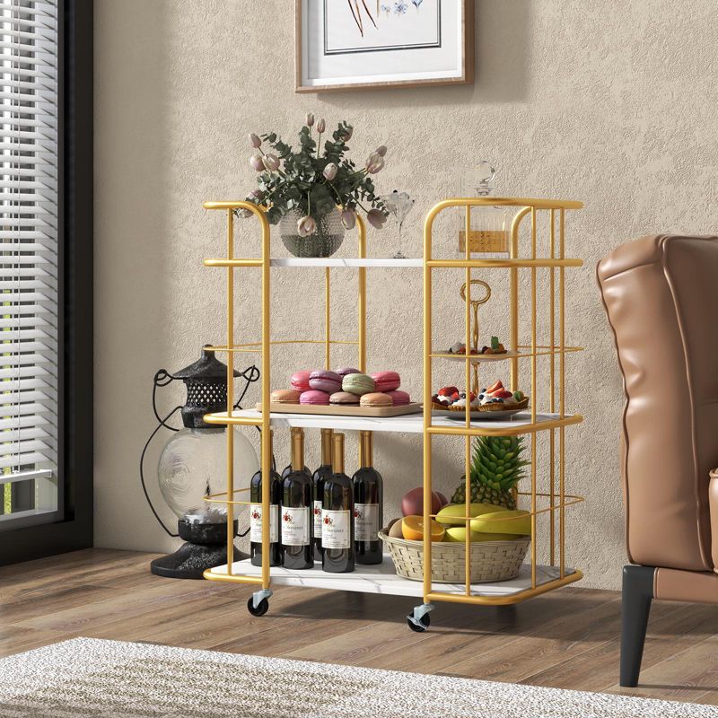 Costway 3-Tier Kitchen Storage Utility Cart Gold Rolling Bar Serving w/Lockable Casters, 4 of 11
