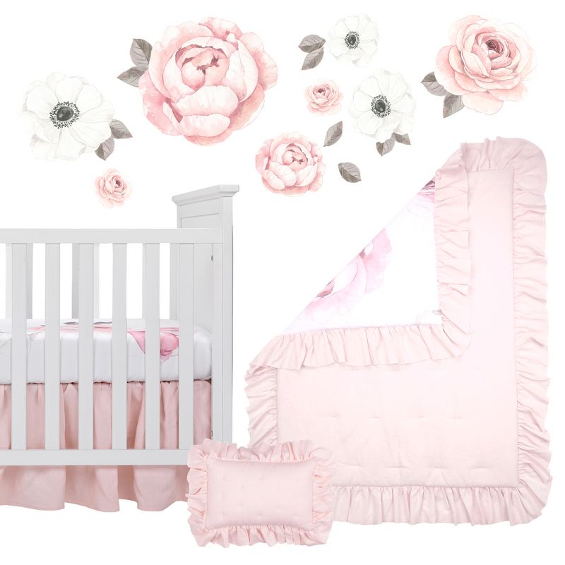 Lambs & Ivy Floral Garden Watercolor/Pink Linen 5-Piece Baby Crib Bedding Set, 1 of 11