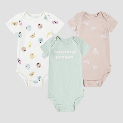 Image of Huggies Baby Girls' 3pk Food & Flowers Organic Bodysuit - Green/Yellow 3M