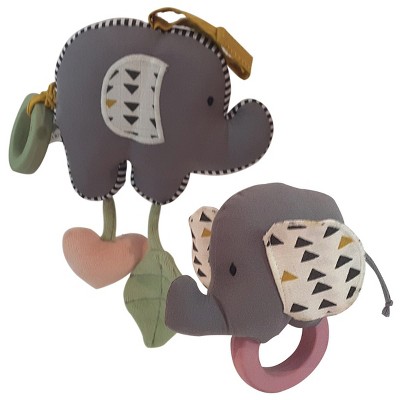 Tikiri Organic Elephant Baby Toy with Rubber Teether & Matching Elephant Rattle with Rubber Teether