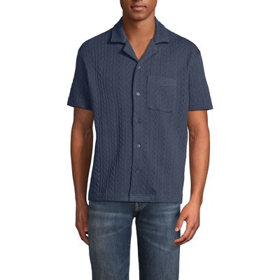Lands' End Men's Short Sleeve Textured Cable Camp Collar Button Through Shirt