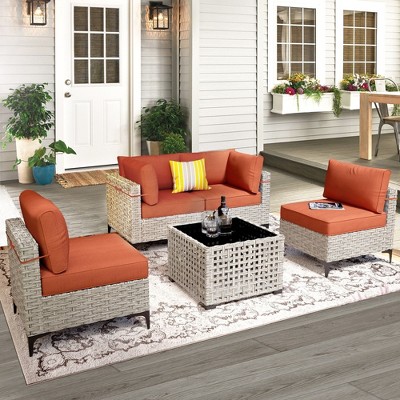 XIZZI 5PCS Furniture Set, Rattan Modular Sectional Sofa, Outside Coversation Set with Solar Coffee Table for Porch Balcony Backyard Poolside