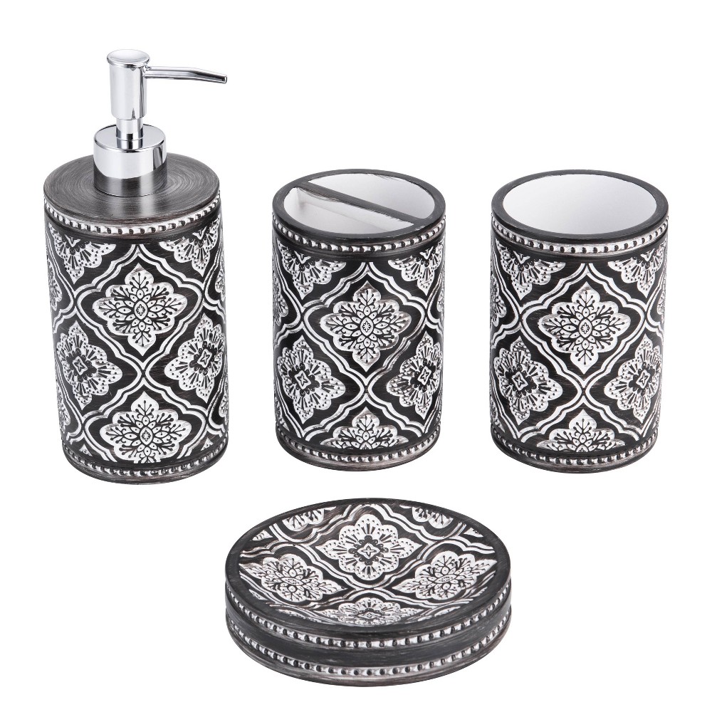 Photos - Other sanitary accessories 4pc Poliresin Arabesco Bathroom Accessory Set Brown/White - Kralix