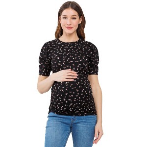 Hello Miz Women's Ribbed Puff Sleeve Side Ruched Maternity Top - 1 of 4