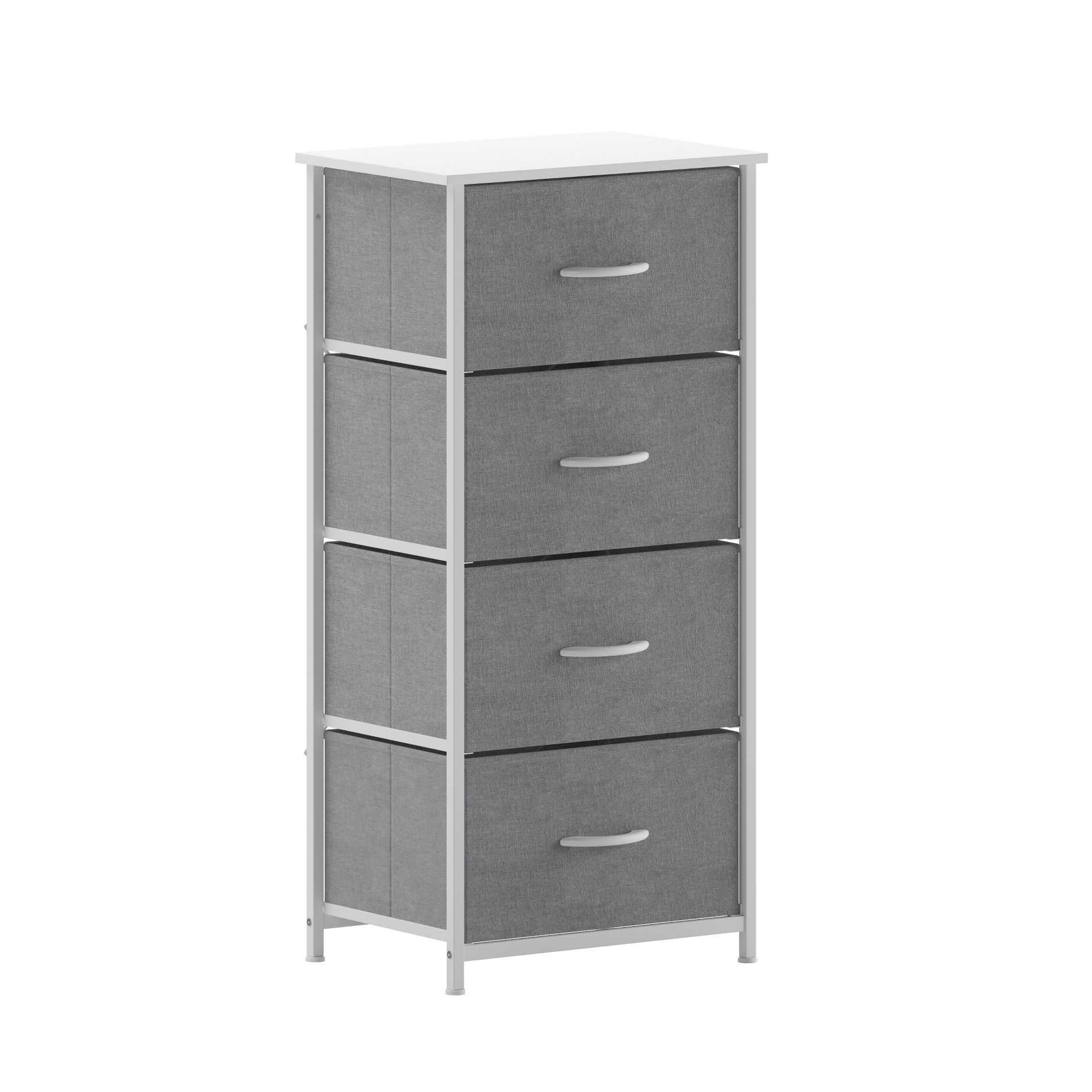 Emma and Oliver 4 Drawer Storage Dresser with White Cast Iron Frame, White Wood Top and Gray Easy Pull Fabric Drawers with White Wooden Handles