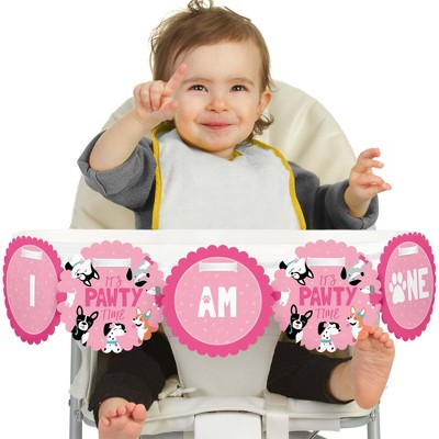 Big Dot of Happiness Pawty Like a Puppy Girl 1st Birthday Highchair Decor - I Am One - First Birthday High Chair Banner