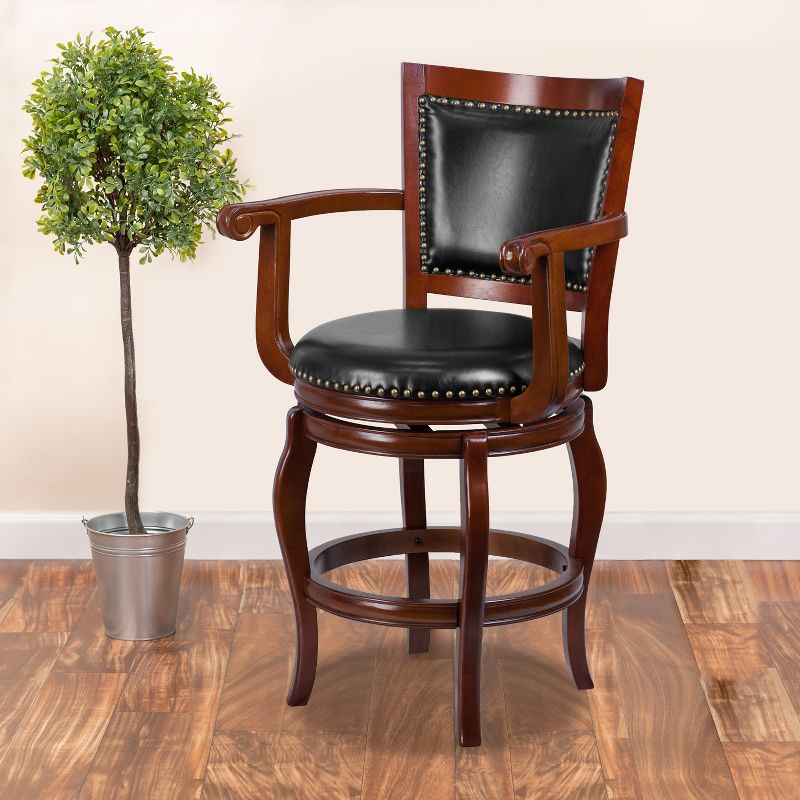 Flash Furniture 26'' High Cherry Wood Counter Height Stool with Arms, Panel Back and Black LeatherSoft Swivel Seat, 3 of 8